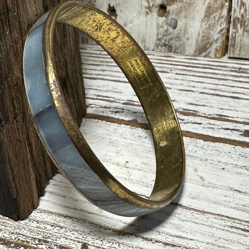 Vtg Blue MOP Inlay Brass Bangle Bracelet