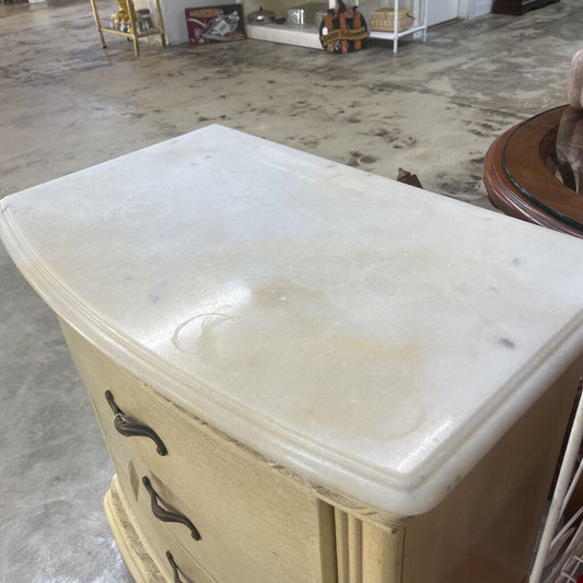 WHITE STONE TOP THREE DRAWER NIGHSTAND