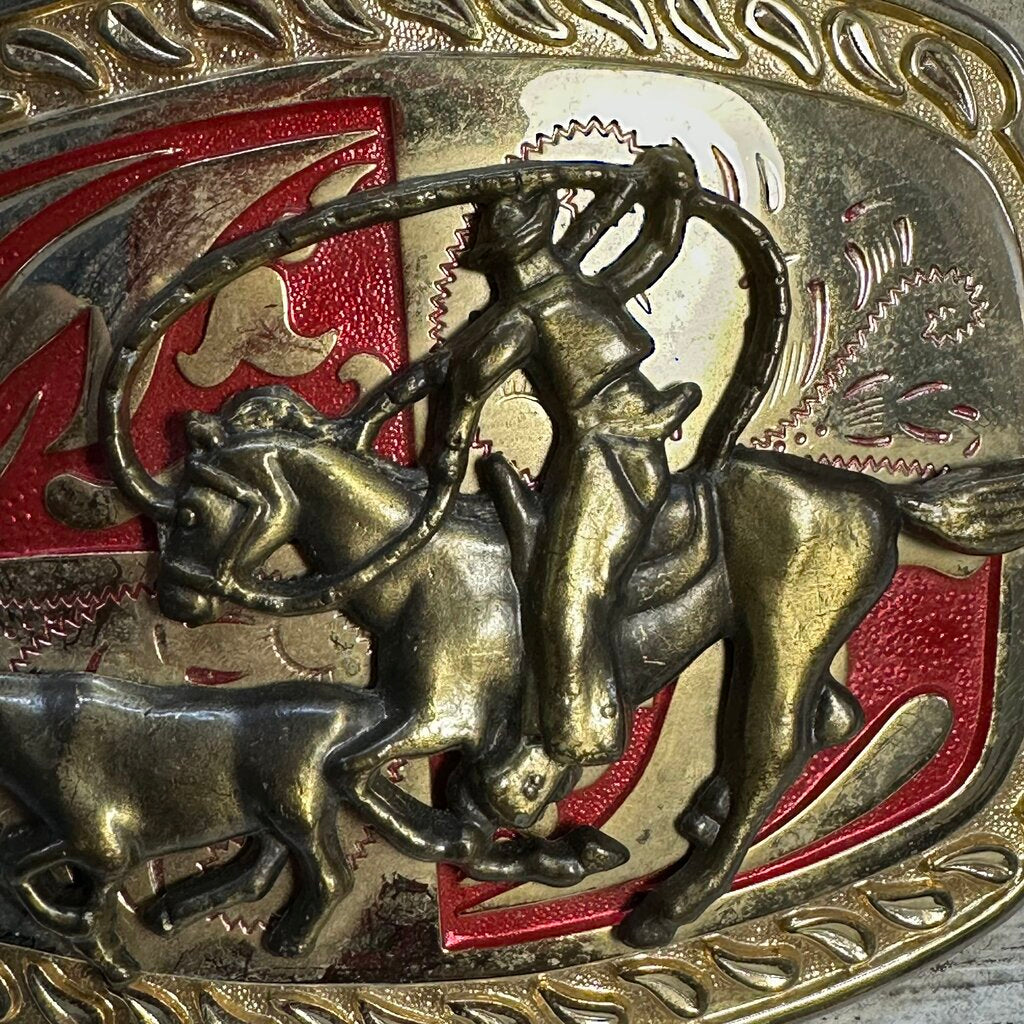 Riding Cowboy Goldtone Red Enamel Buckle