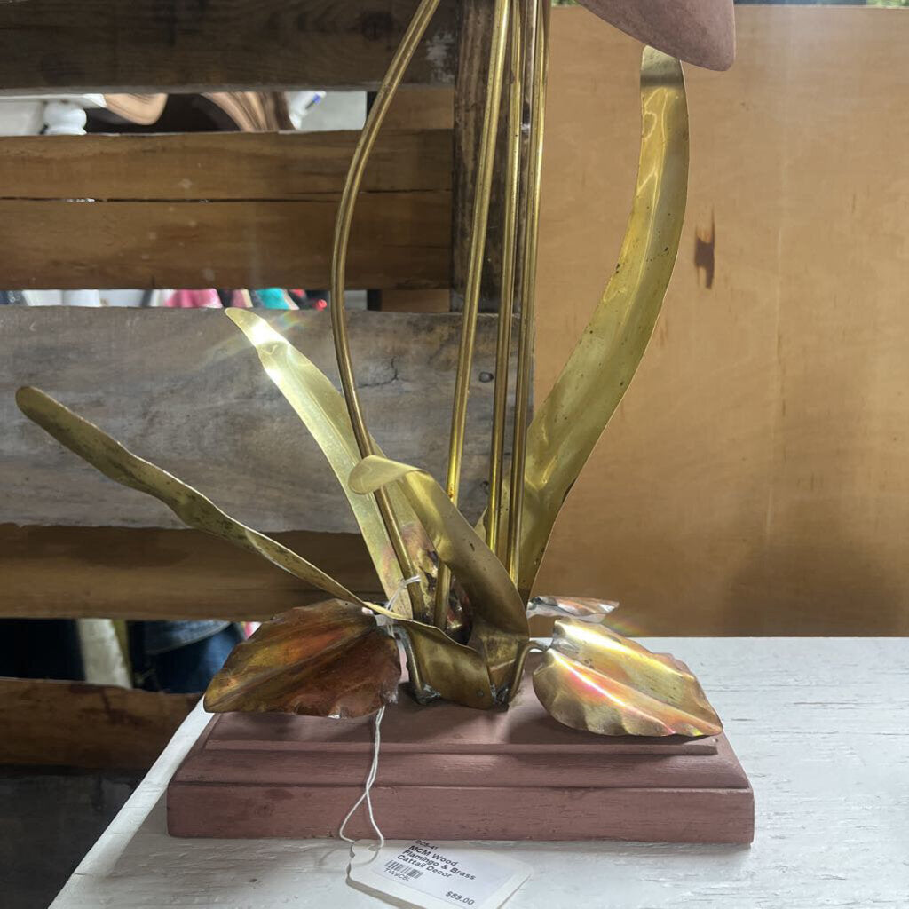 MCM Wood Flamingo/Egret & Brass Cattail Decor