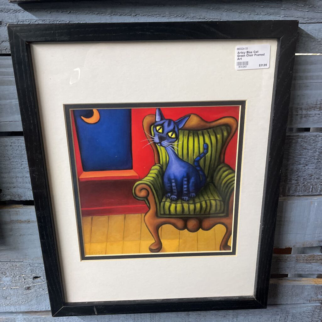 ARTSY BLUE CAT GREEN CHAIR FRAMED ART