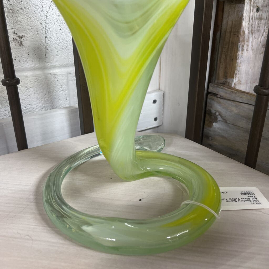 Mid Century Blown Art Glass Yellow Tulip Vase
