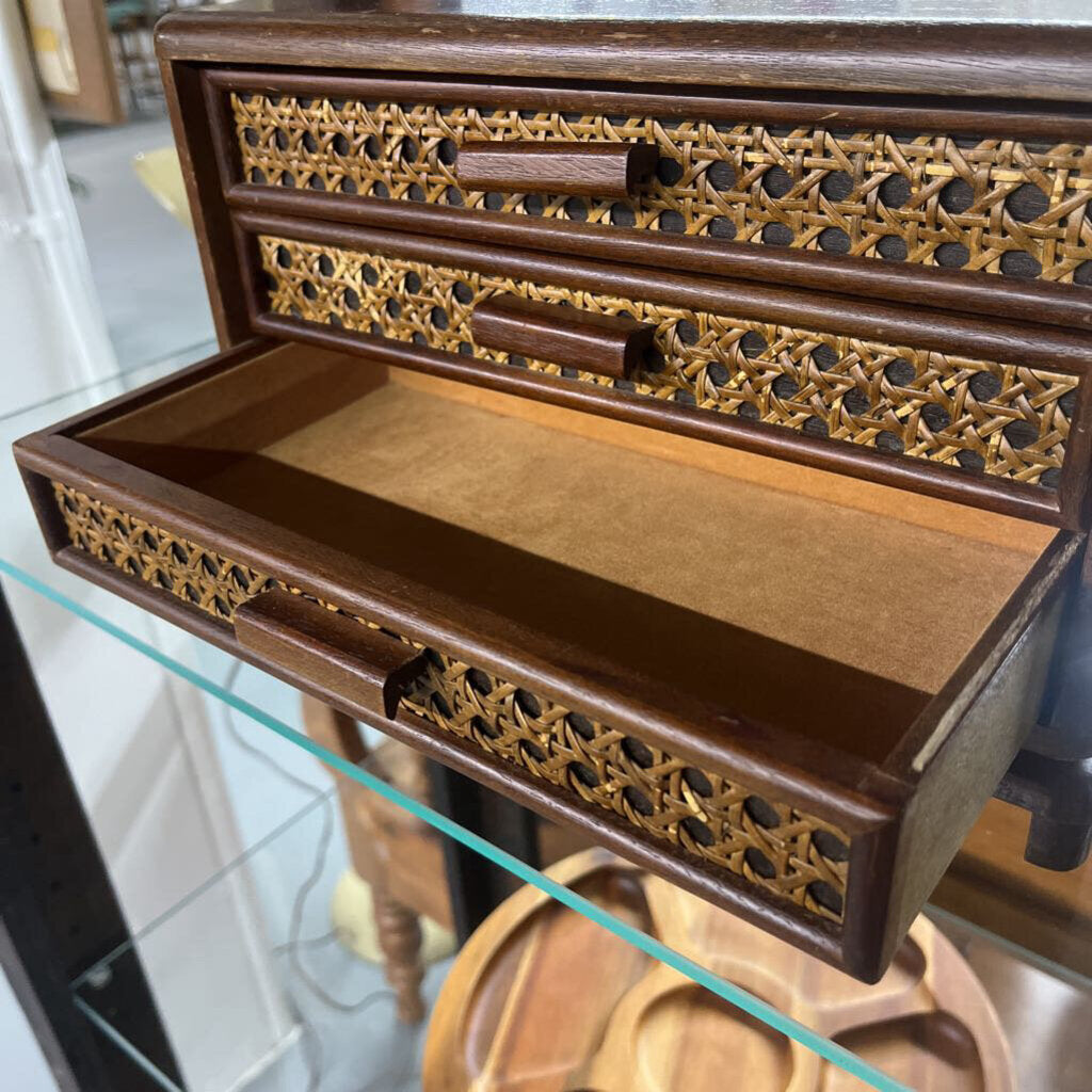 WOOD & RATTAN 3 DRAWER JEWELRY BOX