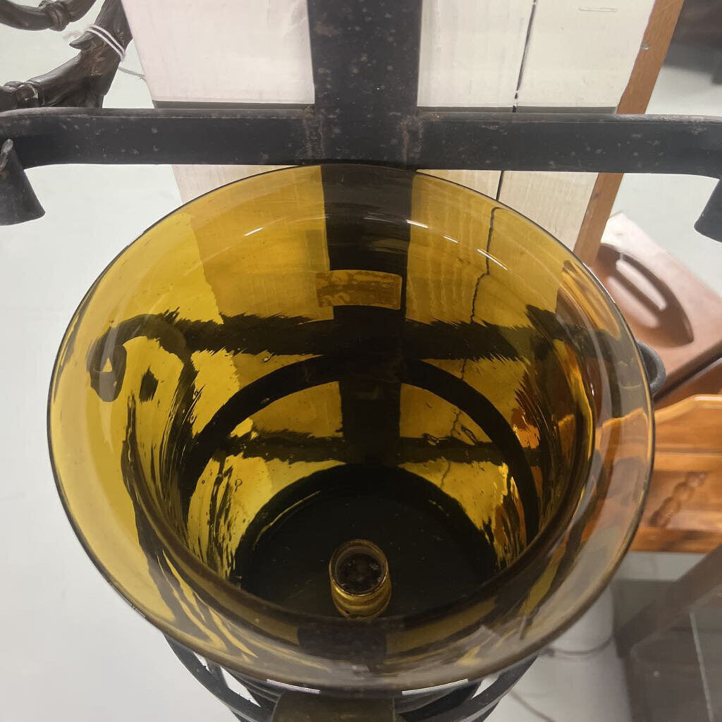 Old Wrought Iron Electric Amber Glass Wall Sconce