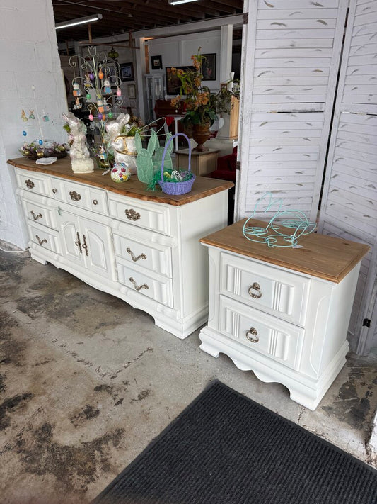 Farmhouse White Dresser and Night Stand Set