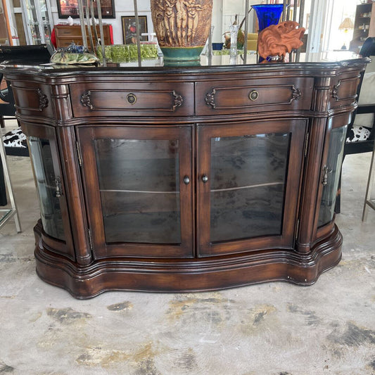 BOWFRONT BUFFET STONE TOP GLASS DOORS