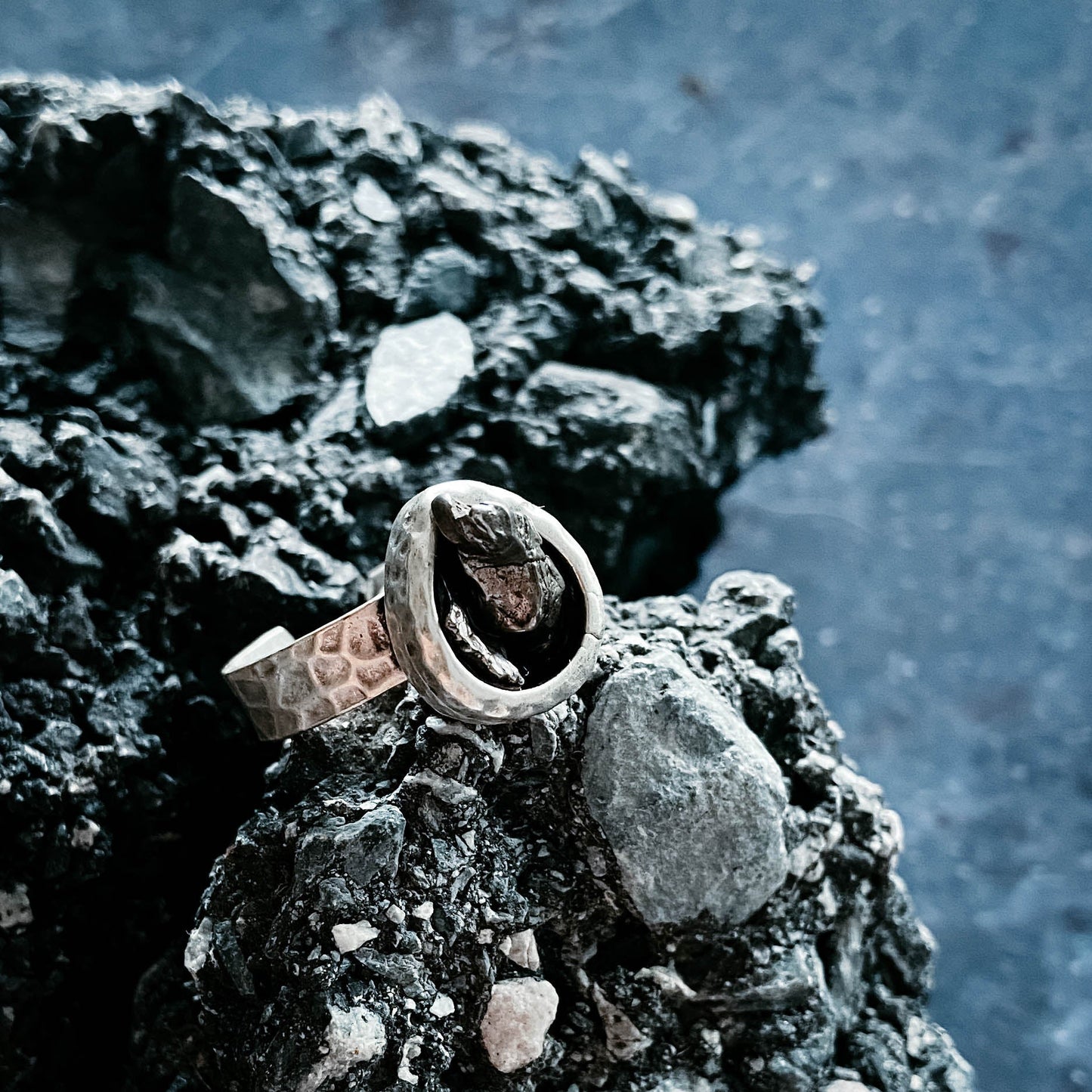CHUNKY TEARDROP RAW METEORITE RING IN SILVER