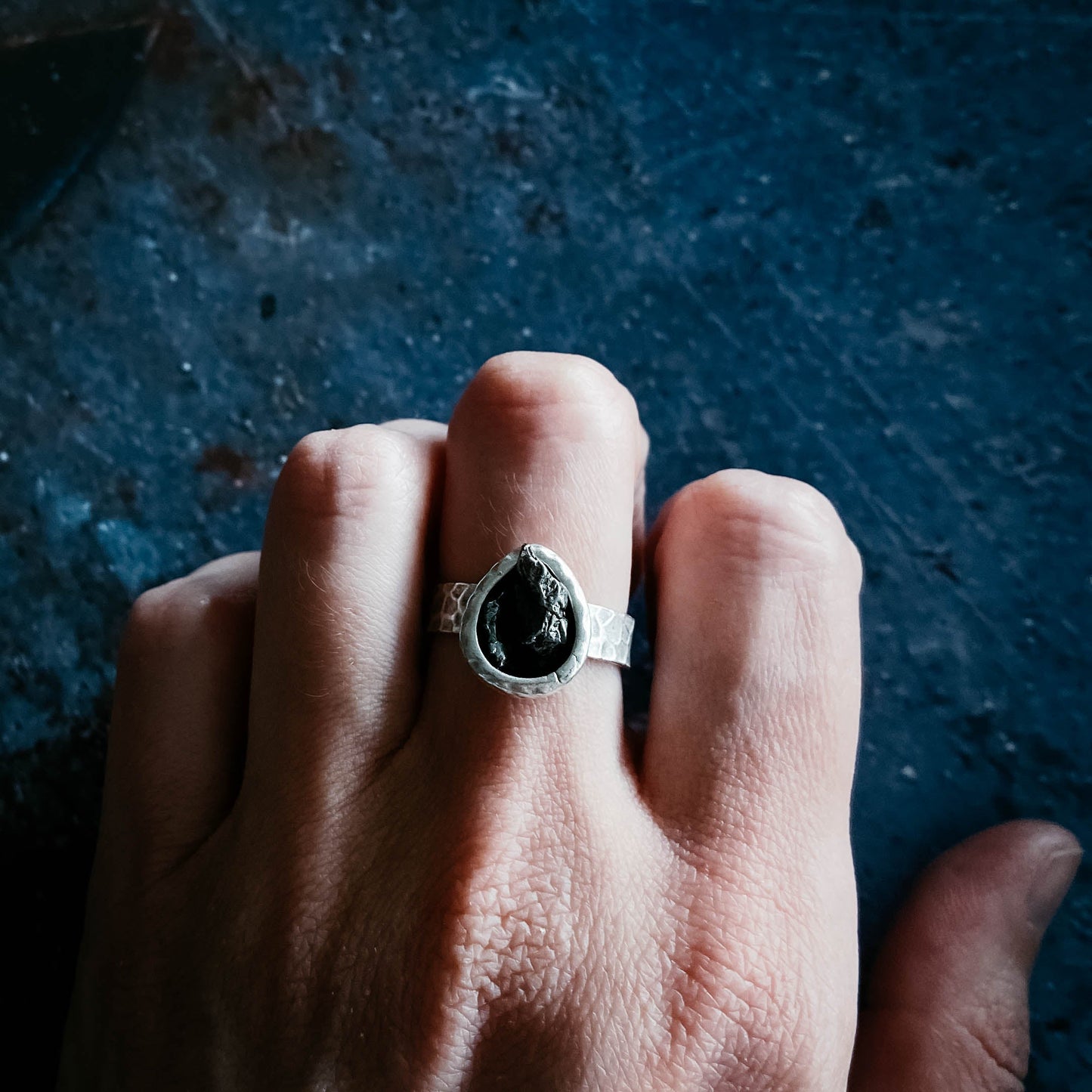 CHUNKY TEARDROP RAW METEORITE RING IN SILVER