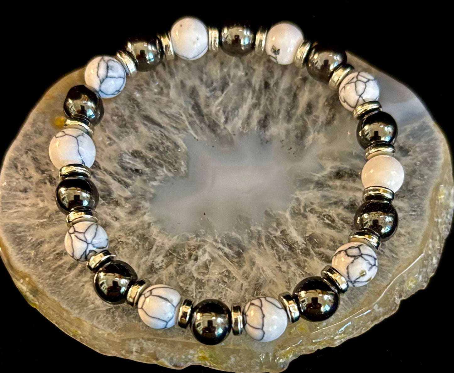 WHITE TURQUOISE & HEMATITE ENERGY PROTECTION BRACELET – 8MM BEADS FOR MEDIUM WRISTS