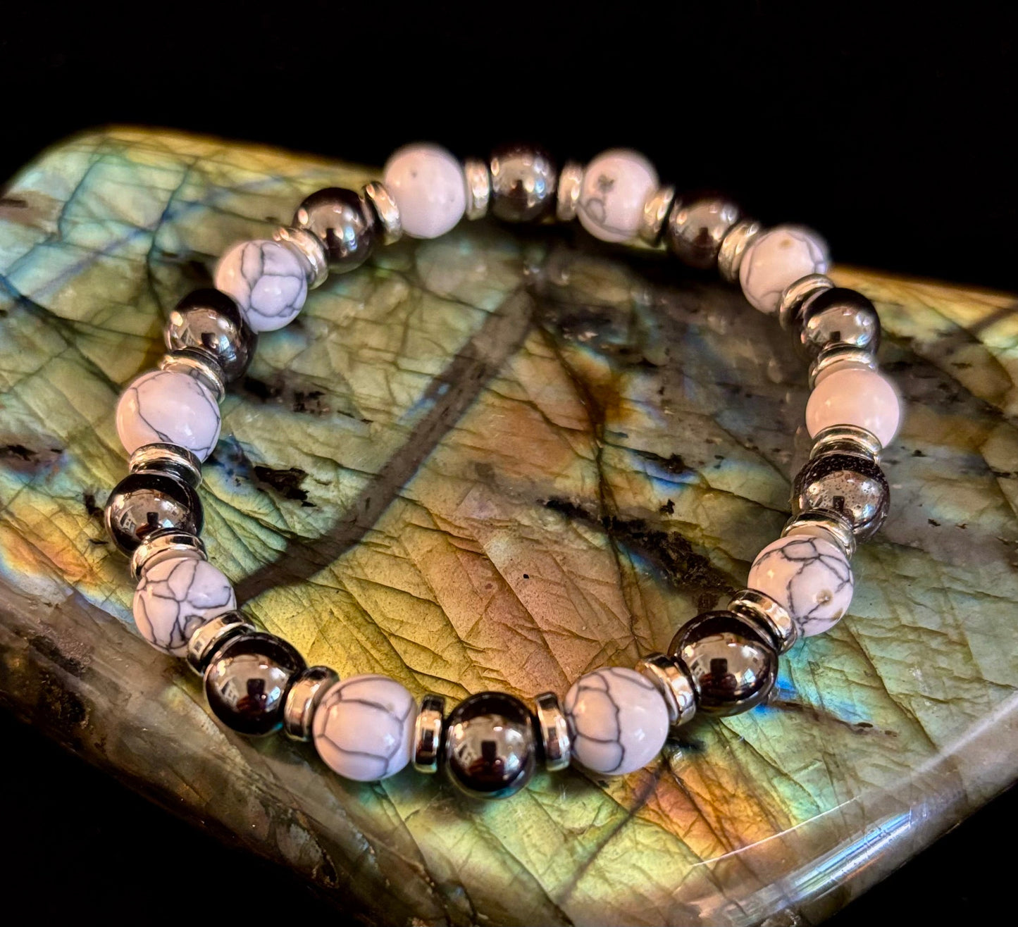 WHITE TURQUOISE & HEMATITE ENERGY PROTECTION BRACELET – 8MM BEADS FOR MEDIUM WRISTS