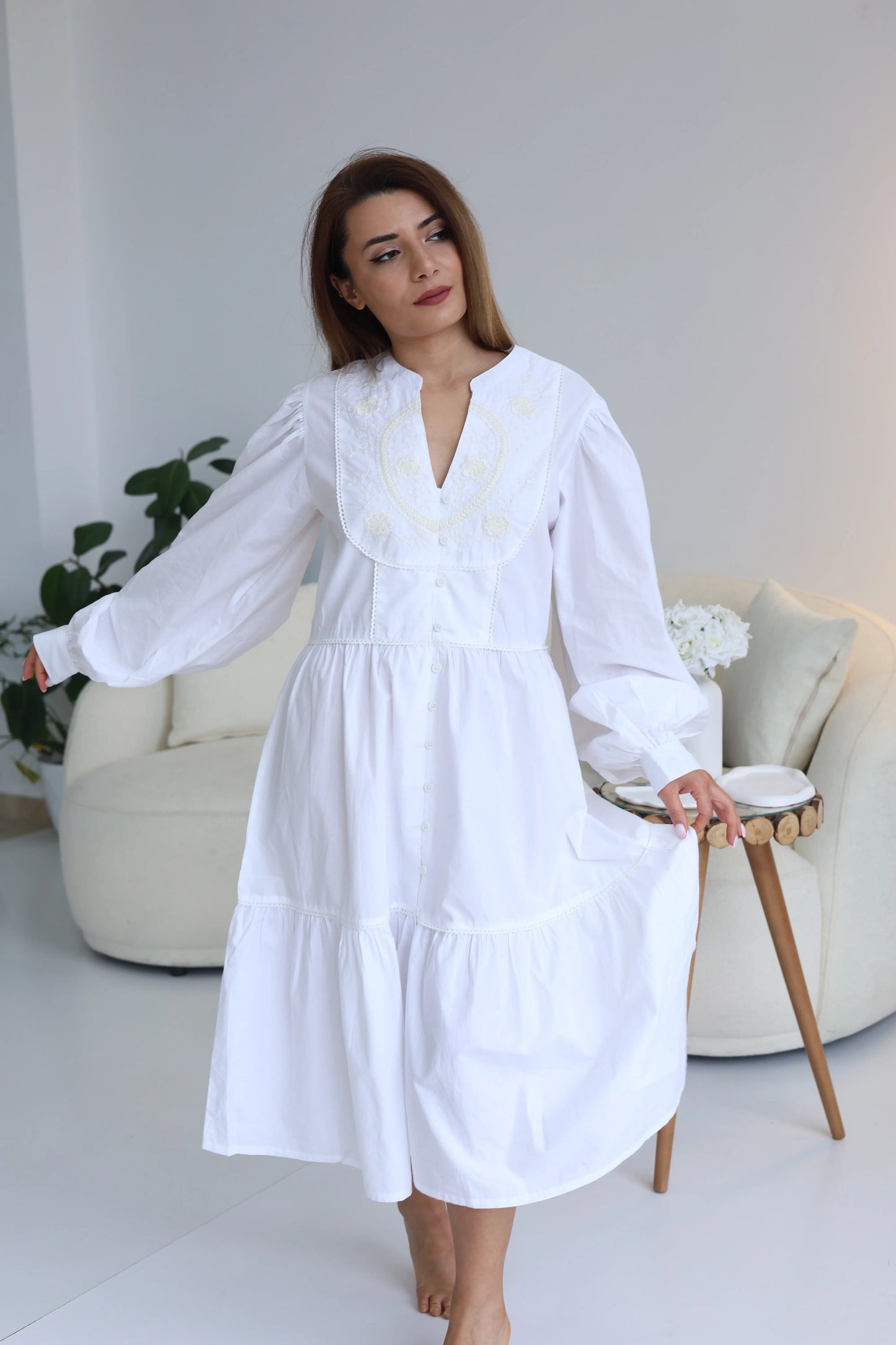 TONAL EMBROIDERED OFF WHITE CASUAL MIDI DRESS - S TO 3XL