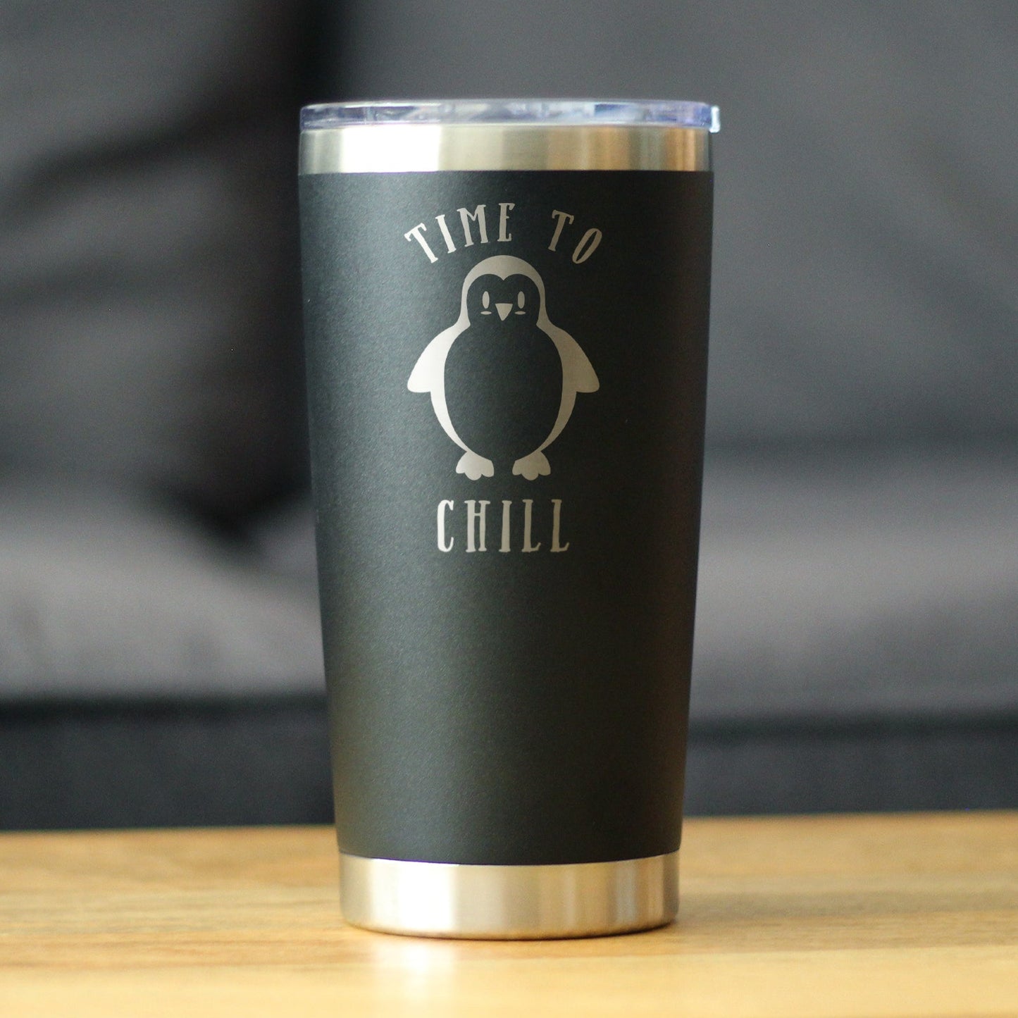 TIME TO CHILL - INSULATED COFFEE TUMBLER CUP WITH SLIDING LID - STAINLESS STEEL TRAVEL MUG - CUTE PENGUIN GIFTS FOR WOMEN AND MEN