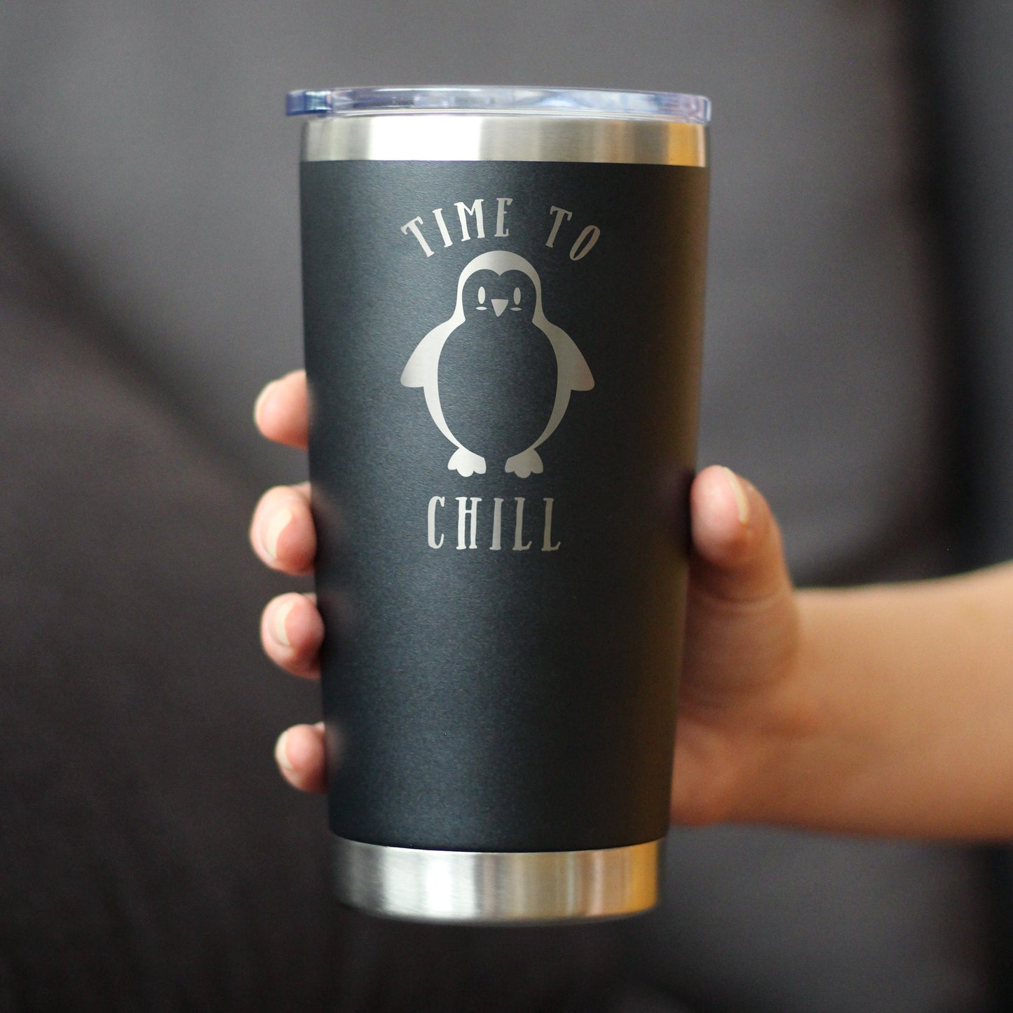TIME TO CHILL - INSULATED COFFEE TUMBLER CUP WITH SLIDING LID - STAINLESS STEEL TRAVEL MUG - CUTE PENGUIN GIFTS FOR WOMEN AND MEN
