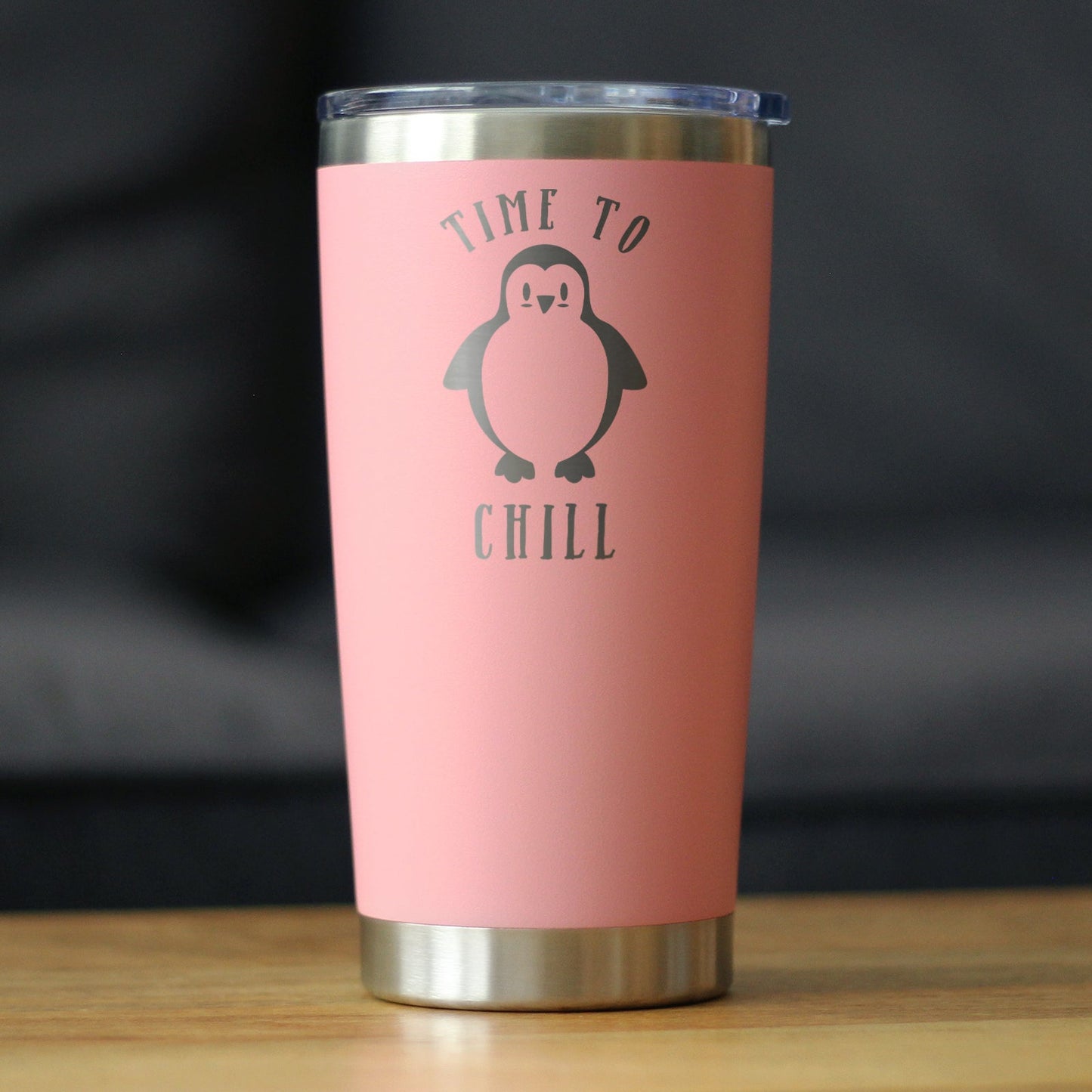 TIME TO CHILL - INSULATED COFFEE TUMBLER CUP WITH SLIDING LID - STAINLESS STEEL TRAVEL MUG - CUTE PENGUIN GIFTS FOR WOMEN AND MEN