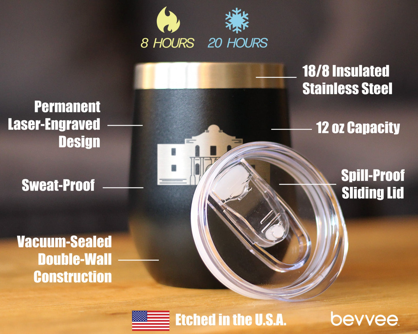 THE ALAMO - WINE TUMBLER CUP WITH SLIDING LID - STAINLESS STEEL INSULATED MUG - STATE OF TEXAS GIFTS AND SOUVENIRS FOR TEXANS