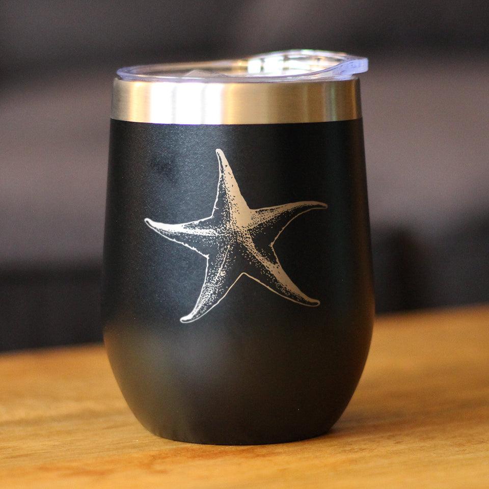 STARFISH - WINE TUMBLER GLASS WITH SLIDING LID - STAINLESS STEEL INSULATED MUG - UNIQUE OCEAN GIFTS FOR WOMEN AND MEN