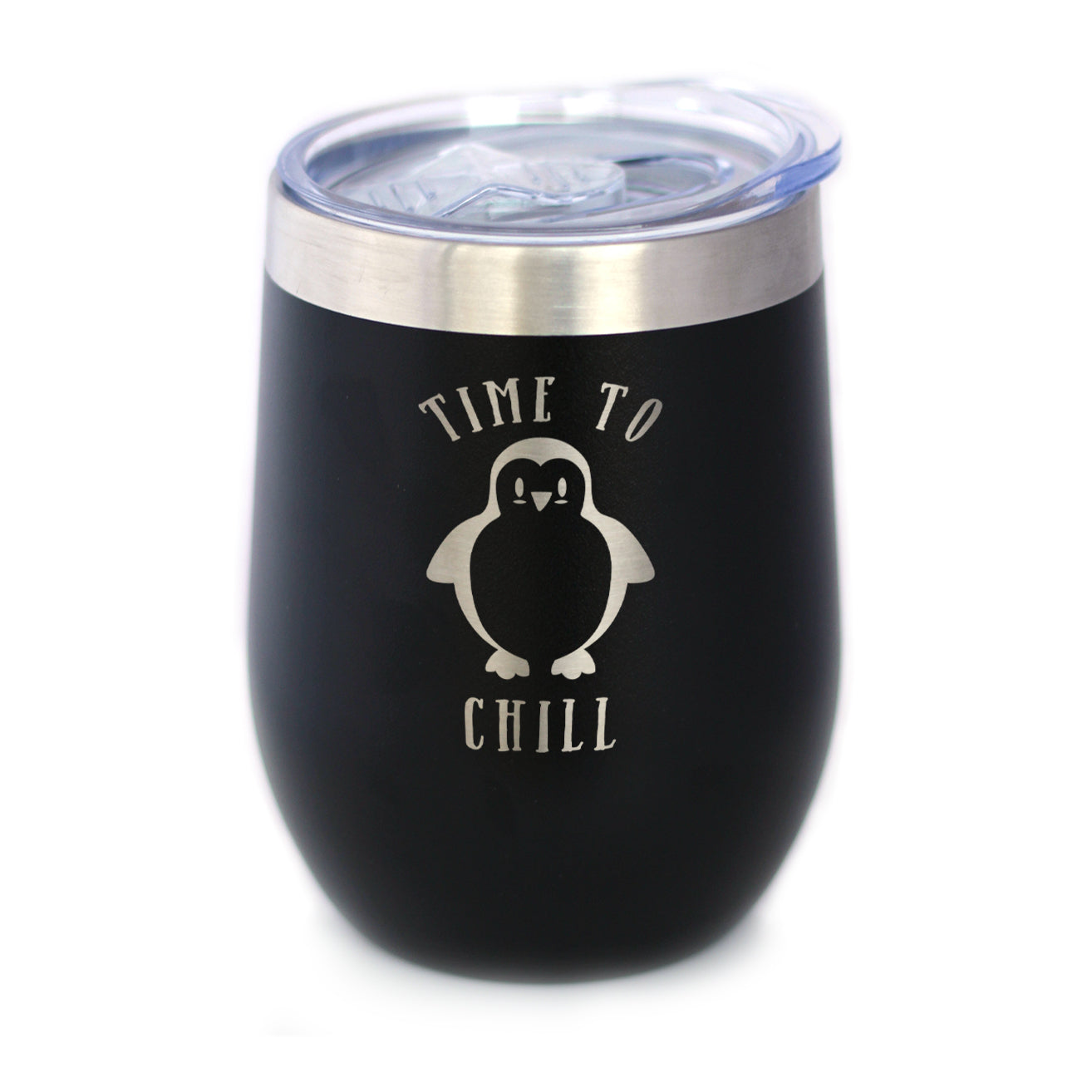 TIME TO CHILL - WINE TUMBLER GLASS WITH SLIDING LID - STAINLESS STEEL TRAVEL MUG - CUTE PENGUIN GIFTS FOR WOMEN AND MEN