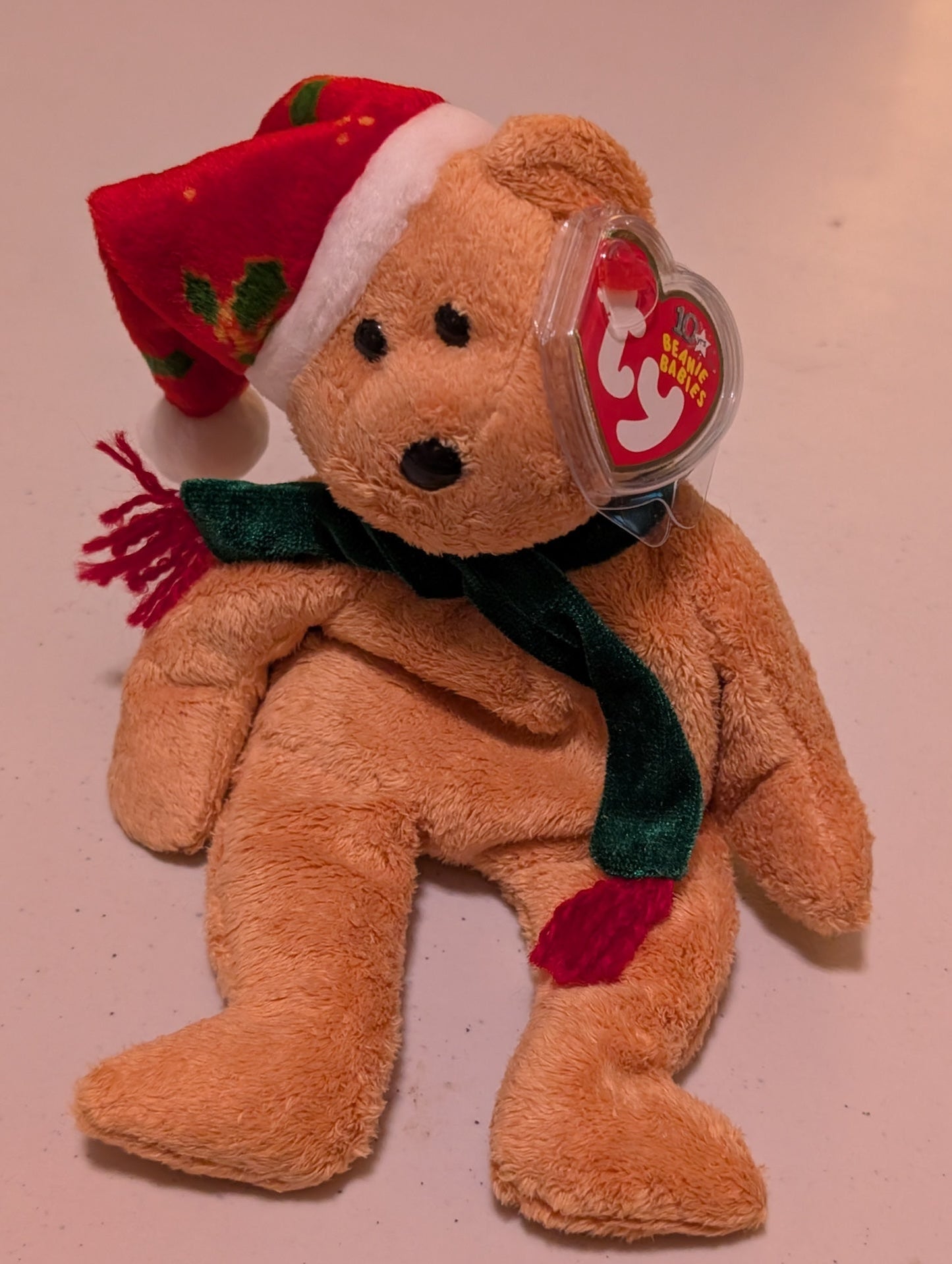 1997 HOLIDAY TEDDY THE BEAR - TY BEANIE BABY (BROWN, RED, GREEN, 1997, PLUSH TOY, MWMT, STUFFED ANIMAL, VINTAGE, RETIRED, PLUSHIE)