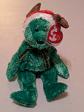 2002 HOLIDAY TEDDY THE BEAR - TY BEANIE BABY (GREEN, 2002, VINTAGE, MWMT, PLUSH TOY, STUFFED ANIMAL, RETIRED)