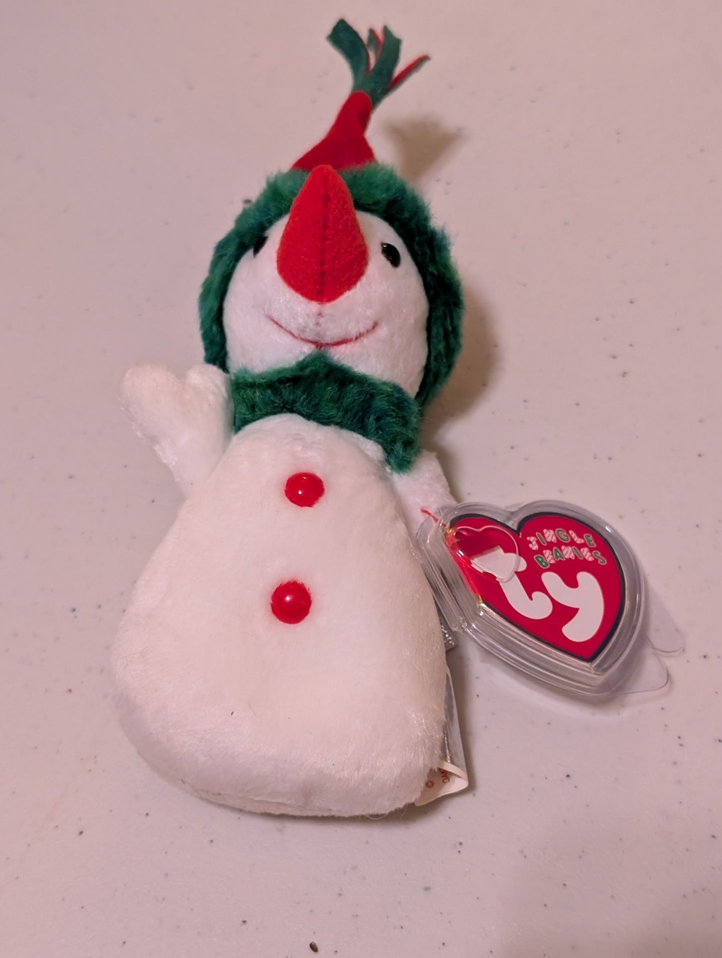 MEL THE SNOWMAN - TY JINGLE BEANIE (WHITE, GREEN, RED, 2000, PLUSH TOY, STUFFED ANIMAL, MWMT, VINTAGE, RETIRED)