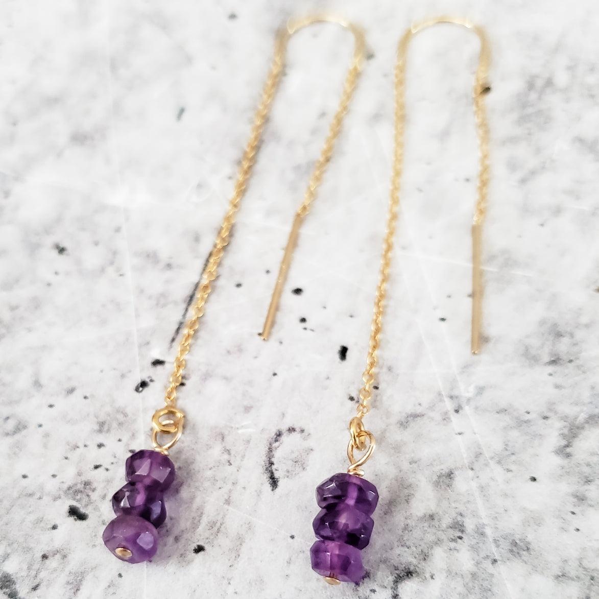 PURPLE AMETHYST BEADS THREADER EARRINGS