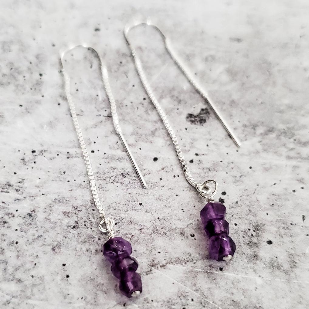 PURPLE AMETHYST BEADS THREADER EARRINGS