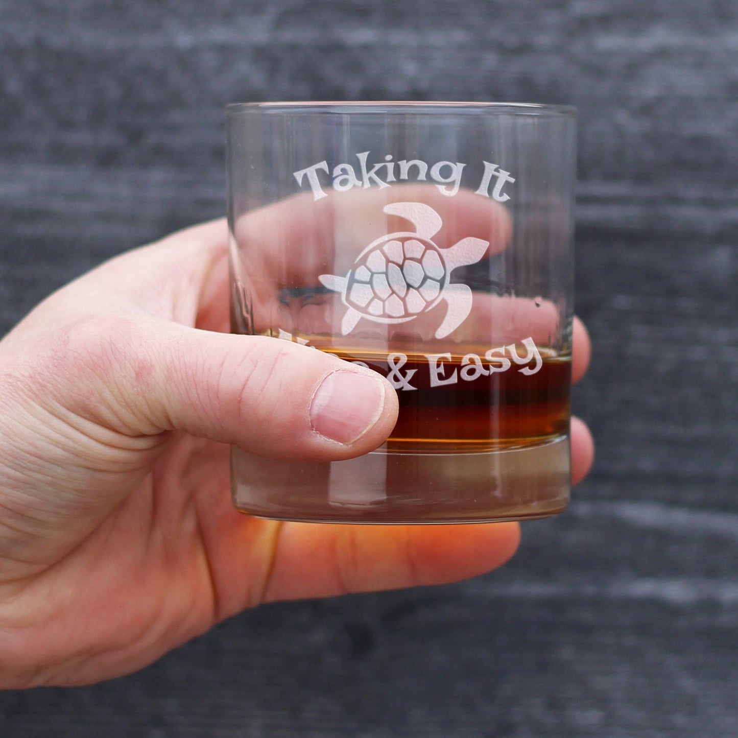 TAKING IT NICE & EASY SEA TURTLE WHISKEY ROCKS GLASS - UNIQUE FUNNY ETCHED TURTLES GIFT - 10.25 OZ