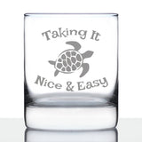 TAKING IT NICE & EASY SEA TURTLE WHISKEY ROCKS GLASS - UNIQUE FUNNY ETCHED TURTLES GIFT - 10.25 OZ