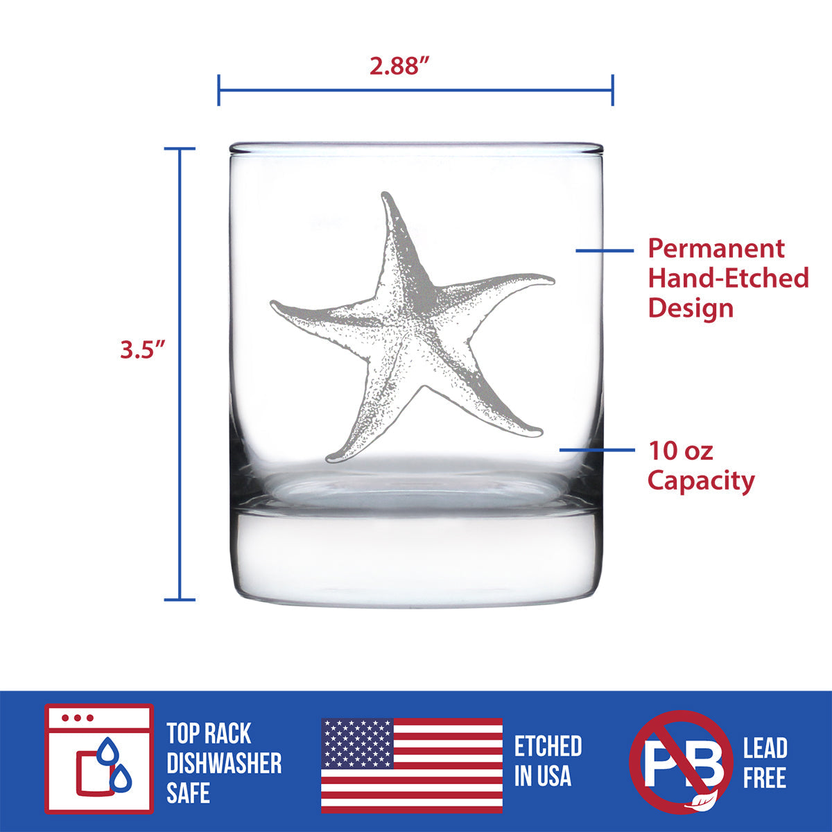 STARFISH ROCKS GLASS - BEACH THEMED DECOR AND DECORATIVE OCEAN GLASSWARE GIFTS FOR WOMEN AND MEN - 10.25 OZ GLASSES