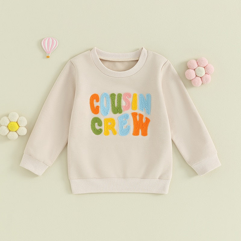 TODDLER BABY KIDS BOYS GIRLS FUZZY LETTER EMBROIDERY COUSIN CREW MATCHING LONG SLEEVE ROUND NECK PULLOVER LOOSE TOP