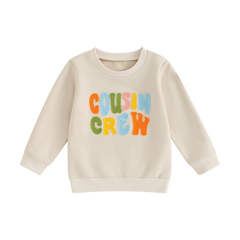 TODDLER BABY KIDS BOYS GIRLS FUZZY LETTER EMBROIDERY COUSIN CREW MATCHING LONG SLEEVE ROUND NECK PULLOVER LOOSE TOP