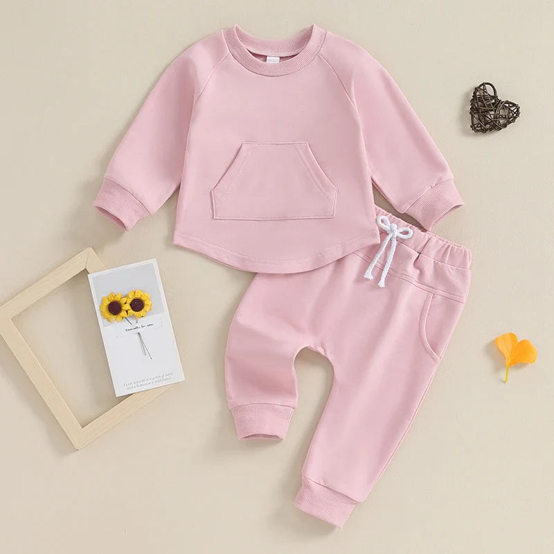 TODDLER BABY BOY GIRL 2PCS SET CREWNECK SOLID COLOR LONG SLEEVE TOP WITH POCKET JOGGER PANTS OUTFIT