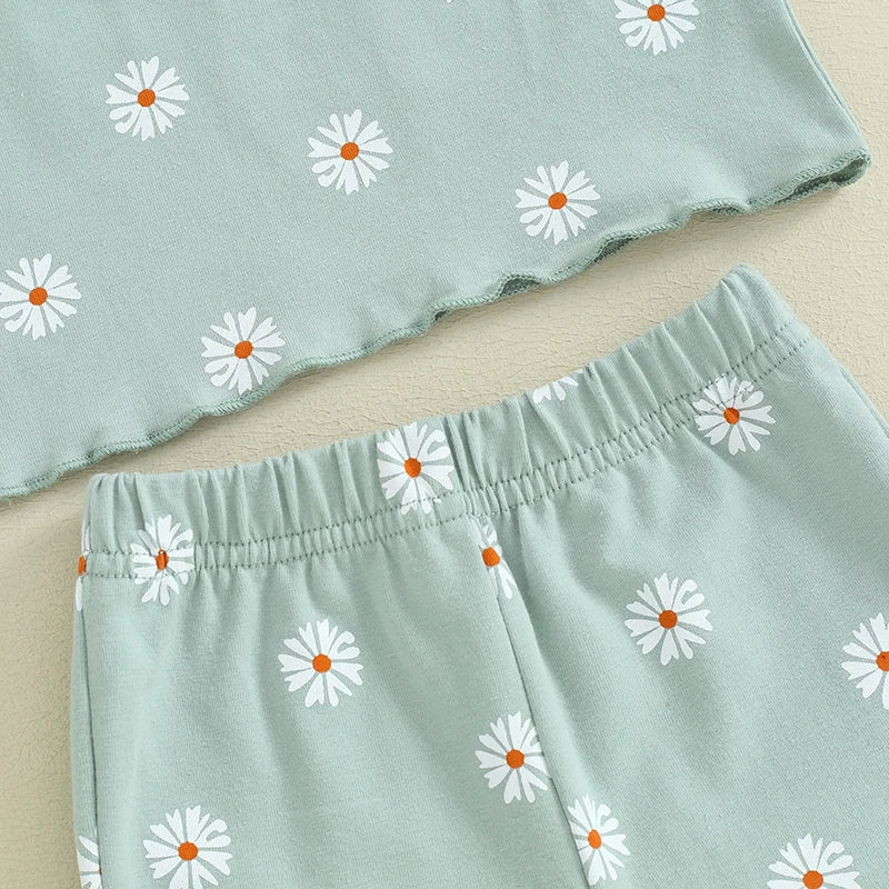 TODDLER KIDS GIRL 2PCS SUMMER OUTFIT RUFFLE SHORT SLEEVE FLORAL FLOWERS PRINT TOP + BELL BOTTOM PANTS SET CLOTHES