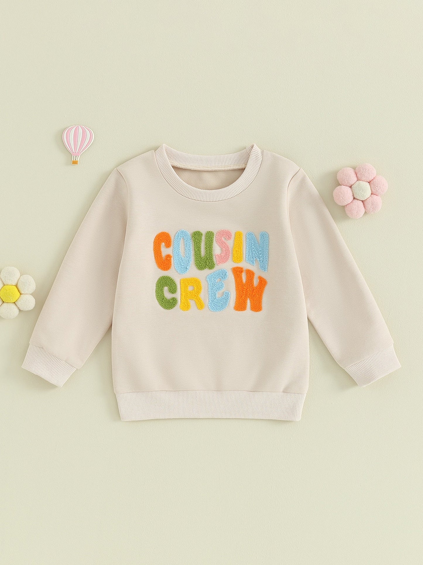 TODDLER BABY KIDS BOYS GIRLS FUZZY LETTER EMBROIDERY COUSIN CREW MATCHING LONG SLEEVE ROUND NECK PULLOVER LOOSE TOP