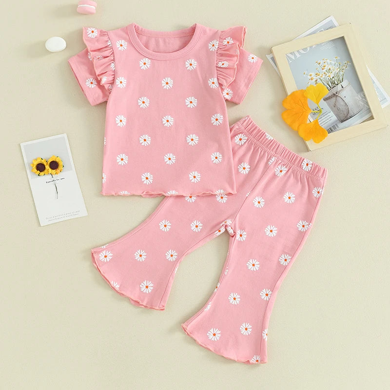 TODDLER KIDS GIRL 2PCS SUMMER OUTFIT RUFFLE SHORT SLEEVE FLORAL FLOWERS PRINT TOP + BELL BOTTOM PANTS SET CLOTHES