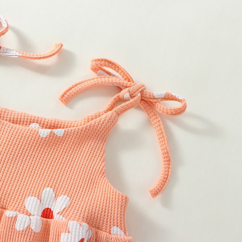 TODDLER BABY GIRL JUMPSUIT SET SUMMER FLORAL PRINT TIE TANK ROMPER STRETCH HEADBAND OUTFIT
