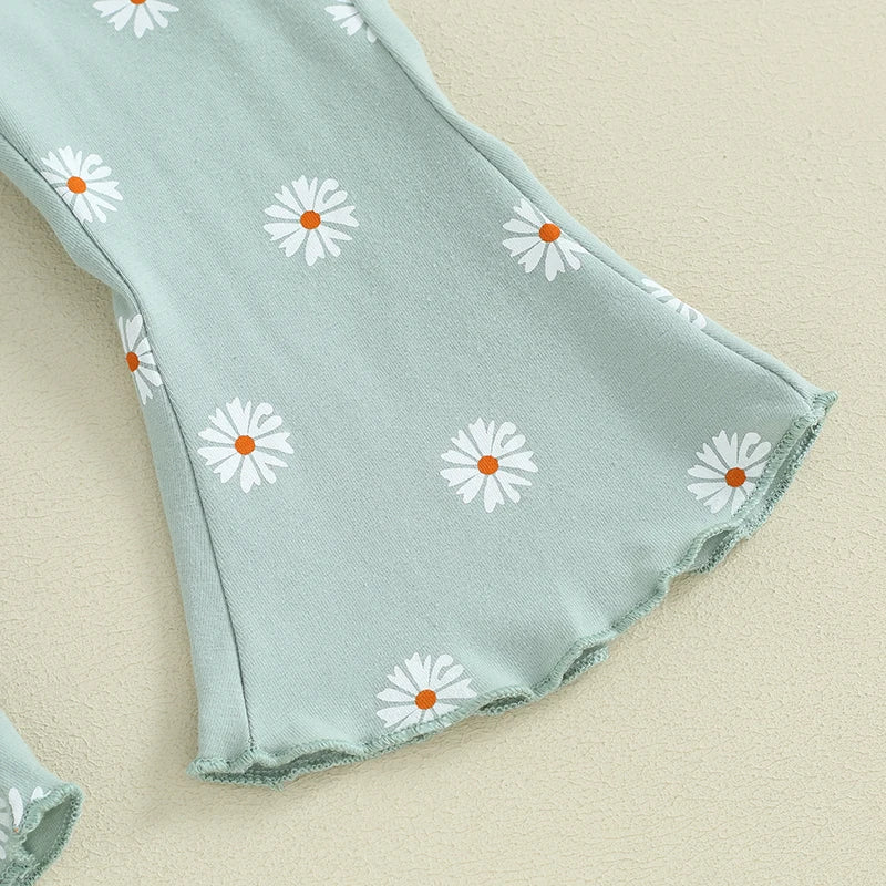 TODDLER KIDS GIRL 2PCS SUMMER OUTFIT RUFFLE SHORT SLEEVE FLORAL FLOWERS PRINT TOP + BELL BOTTOM PANTS SET CLOTHES