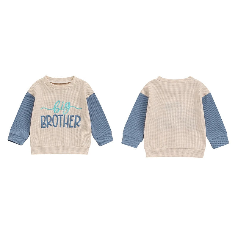 TODDLER KIDS BIG BROTHER / SISTER PULLOVER LETTER EMBROIDERY ROUND NECK CONTRASTING COLOR LONG SLEEVE WAFFLE TOP
