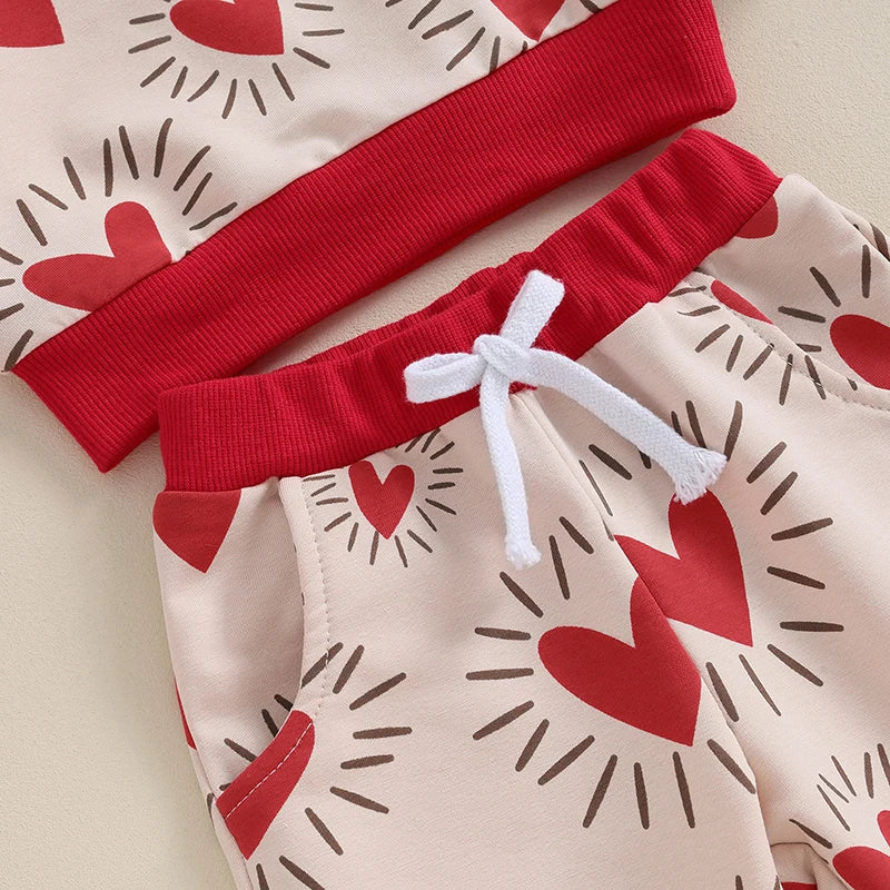 TODDLER BABY BOY GIRL 2PCS VALENTINE’S DAY OUTFIT LONG SLEEVE HEART TOP + PANTS SET