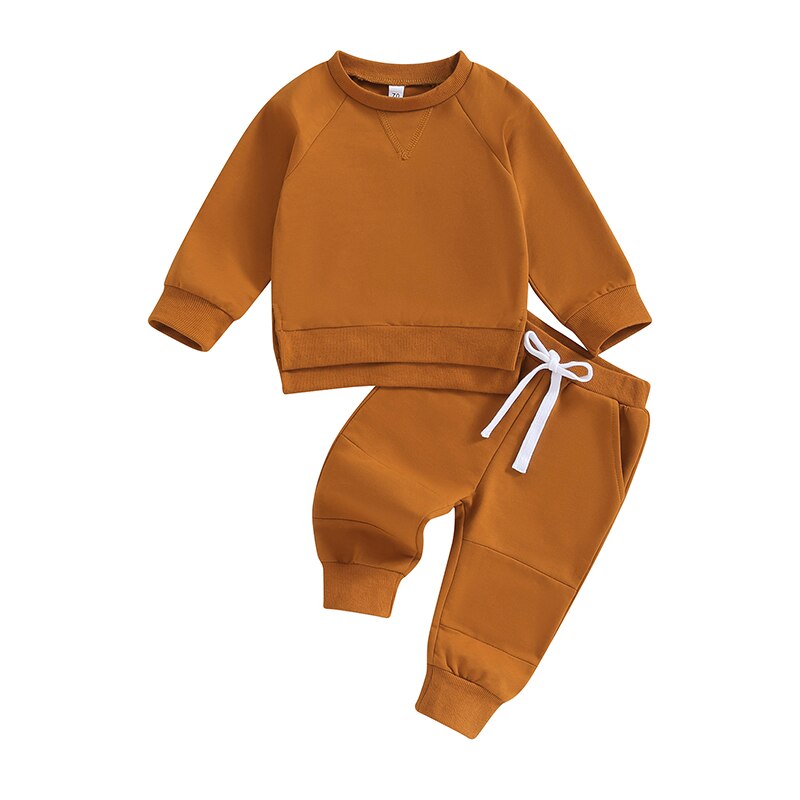 TODDLER BABY BOYS GIRLS 2PCS FALL OUTFITS LONG SLEEVE SPLIT HEM TOPS POCKET PANTS SOLID COLOR CLOTHES SETS