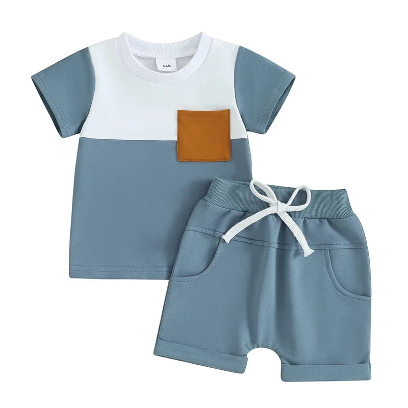 TODDLER BABY BOY 2PCS SUMMER CLOTHES COLOR BLOCK SHORT SLEEVE T-SHIRT SHORTS SET