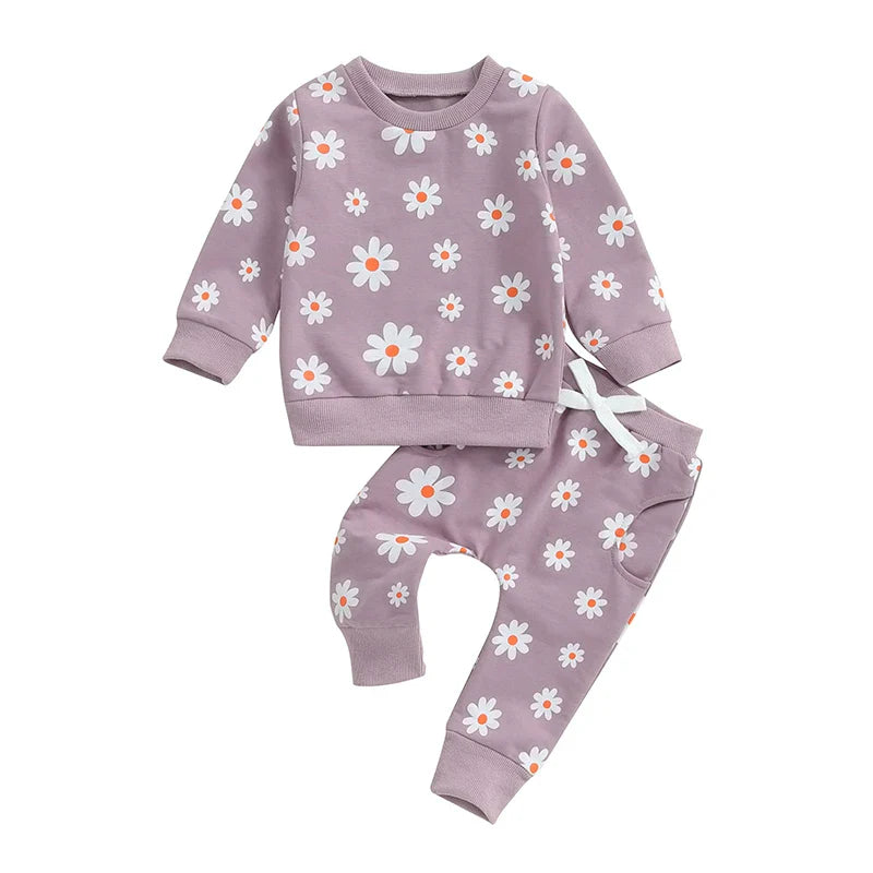 TODDLER KIDS GIRLS 2PCS FALL OUTFIT FLOWER DAISY PRINT LONG SLEEVE CREWNECK TOP ELASTIC WAIST PANTS WITH POCKETS SET