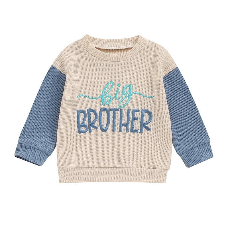 TODDLER KIDS BIG BROTHER / SISTER PULLOVER LETTER EMBROIDERY ROUND NECK CONTRASTING COLOR LONG SLEEVE WAFFLE TOP