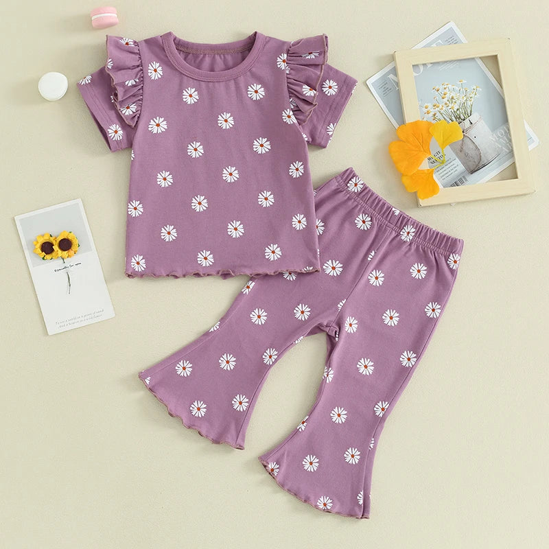 TODDLER KIDS GIRL 2PCS SUMMER OUTFIT RUFFLE SHORT SLEEVE FLORAL FLOWERS PRINT TOP + BELL BOTTOM PANTS SET CLOTHES