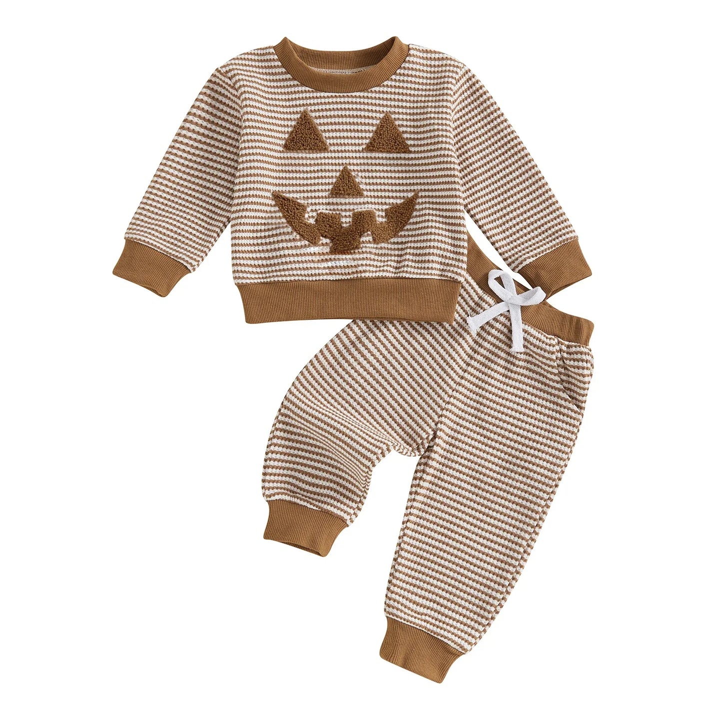 TODDLER BOYS HALLOWEEN 2PCS PANTS SETS LONG SLEEVE O NECK PUMPKIN EMBROIDERY TOPS STRIPED PANTS SETS