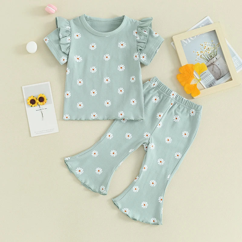 TODDLER KIDS GIRL 2PCS SUMMER OUTFIT RUFFLE SHORT SLEEVE FLORAL FLOWERS PRINT TOP + BELL BOTTOM PANTS SET CLOTHES