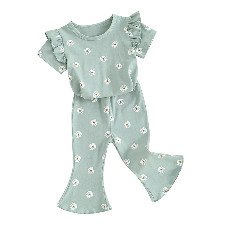 TODDLER KIDS GIRL 2PCS SUMMER OUTFIT RUFFLE SHORT SLEEVE FLORAL FLOWERS PRINT TOP + BELL BOTTOM PANTS SET CLOTHES