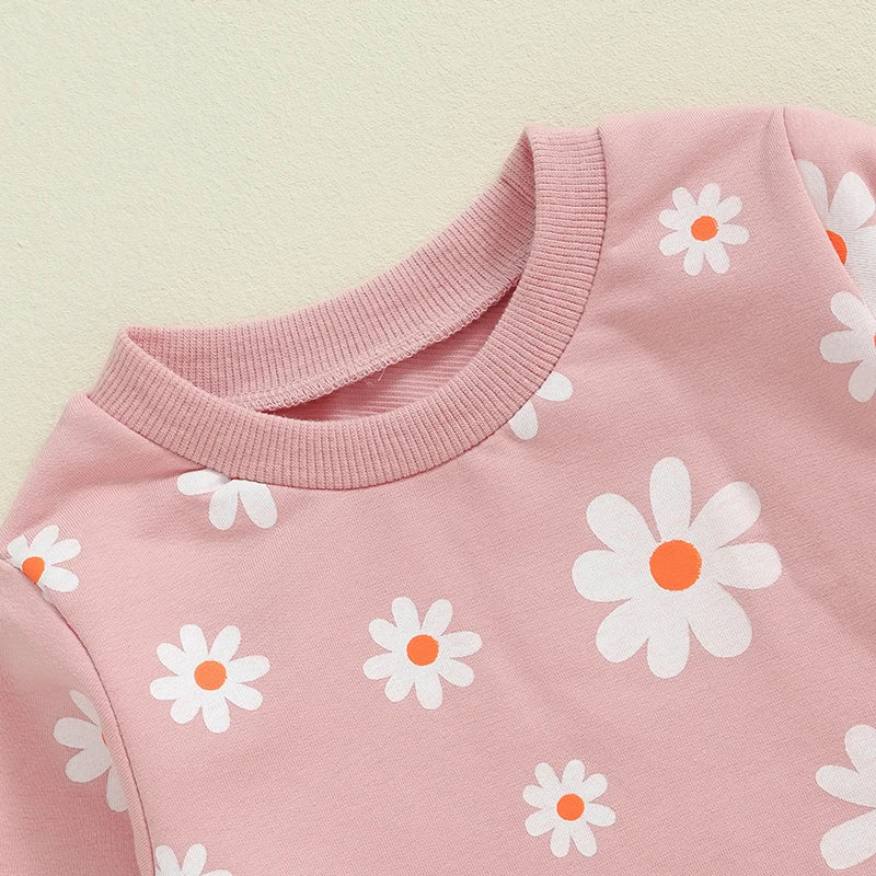 TODDLER KIDS GIRLS 2PCS FALL OUTFIT FLOWER DAISY PRINT LONG SLEEVE CREWNECK TOP ELASTIC WAIST PANTS WITH POCKETS SET
