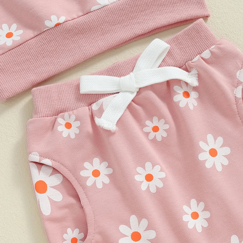 TODDLER KIDS GIRLS 2PCS FALL OUTFIT FLOWER DAISY PRINT LONG SLEEVE CREWNECK TOP ELASTIC WAIST PANTS WITH POCKETS SET