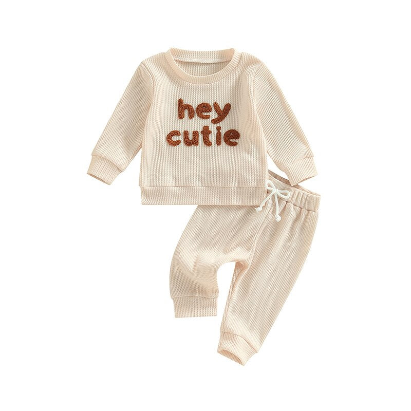 TODDLER BABY GIRL BOY 2PCS HEY CUTIE OUTFIT LONG SLEEVE RIBBED KNIT TOPS PANTS SET